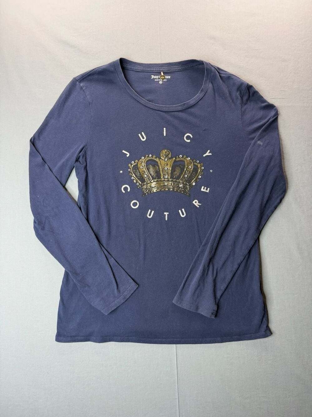 Y2K Juicy Couture Navy Blue Crown Rhinestone Long Sleeve T-Shirt XL